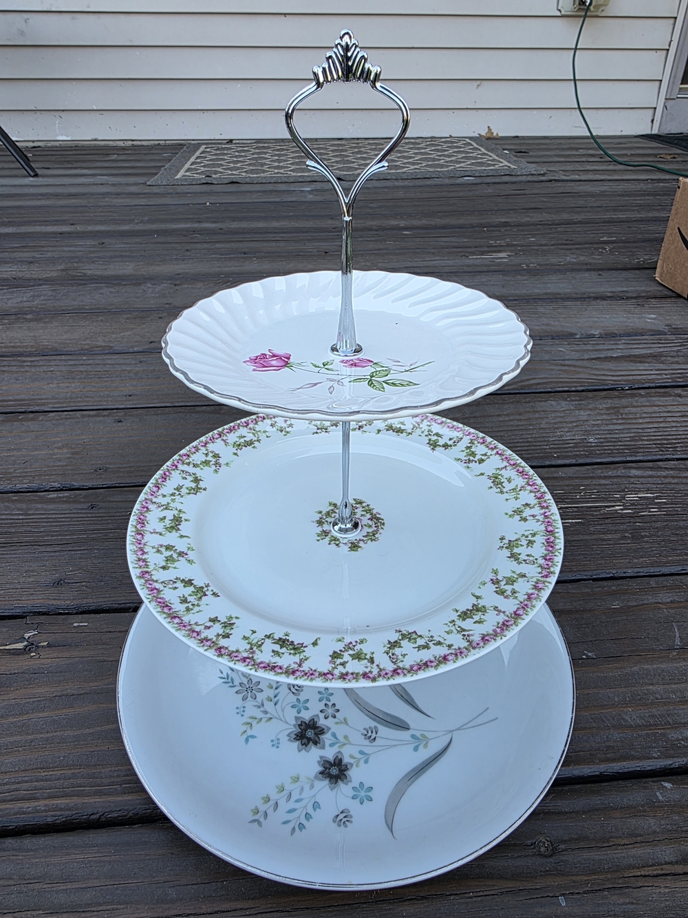 3-Tier White Floral Porcelain Serving Stand - Pink and Green Accents